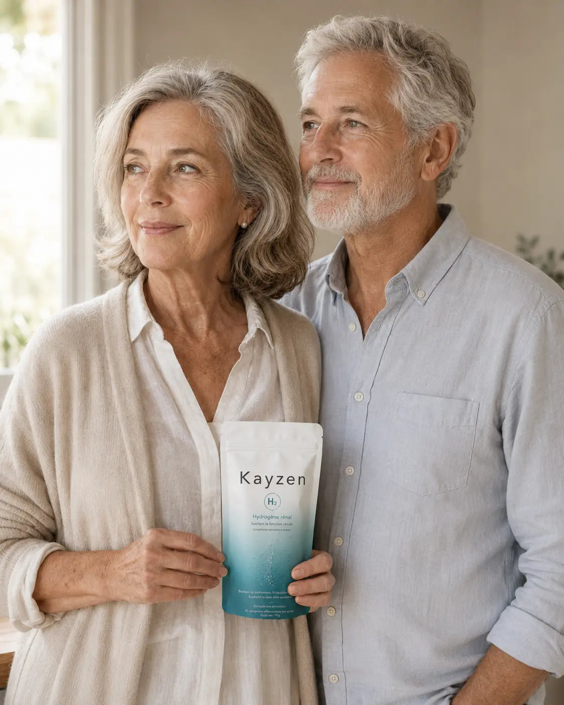 Patient âgé serein tenant le sachet Kayzen H₂